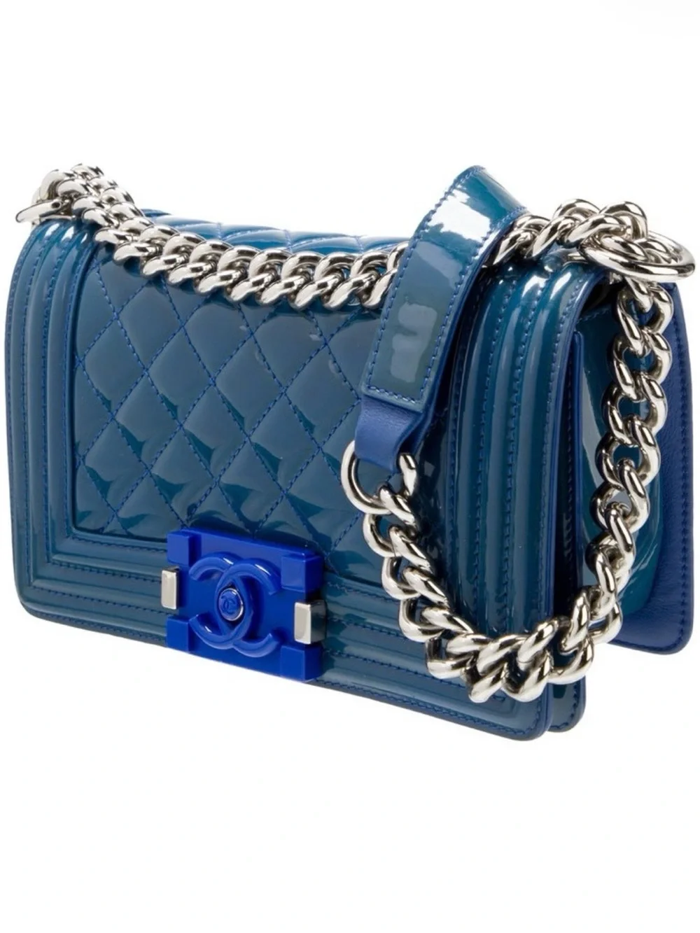 CHANEL Blue Quilted Plexiglass Boy Crossbody with Silver Chain